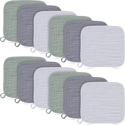 Baby Washcloths -100% Cotton Muslin Soft Baby Bath Wash Cloths and Absorbent Baby Wipes for Newborns Kids Girls and Boys - 12 Pack, 12x12 Inches - Grey, Green, Slate