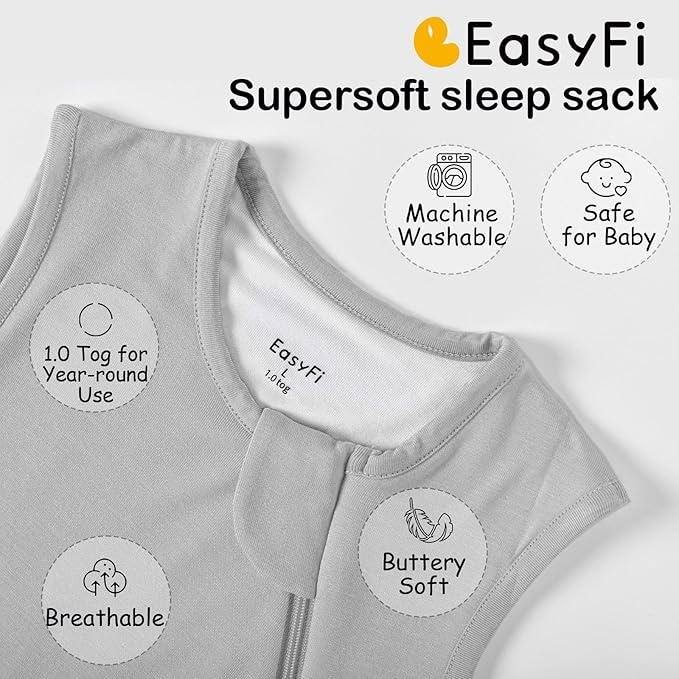 Supersoft Rayon Made from Bamboo Sleep Sack 12-18 Months 1.0 Tog Toddler Sleep Sack Baby Wearable Blanket with 2-Way Zipper Unisex Sleeping Bag for Babies All-year-around - Gray