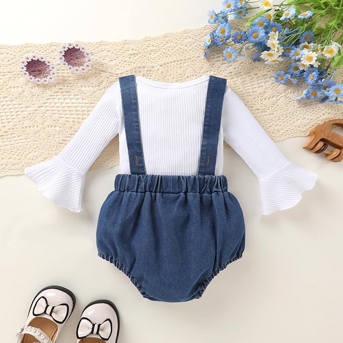 Tiny Cutey Newborn Baby Girl Clothes Bell Sleeve Romper and Corduroy Overalls Shorts Infant Girl Fall Outfits