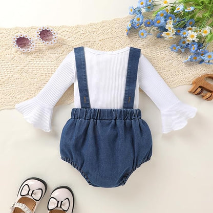 Tiny Cutey Newborn Baby Girl Clothes Bell Sleeve Romper and Corduroy Overalls Shorts Infant Girl Fall Outfits