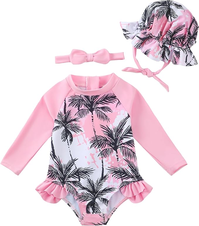Renotemy Baby Girls Swimsuit Summer Infant Girl Bathing Suit Zipper Long Sleeve One-Piece Rash Guard Swimwear with Hat 3M-3Y