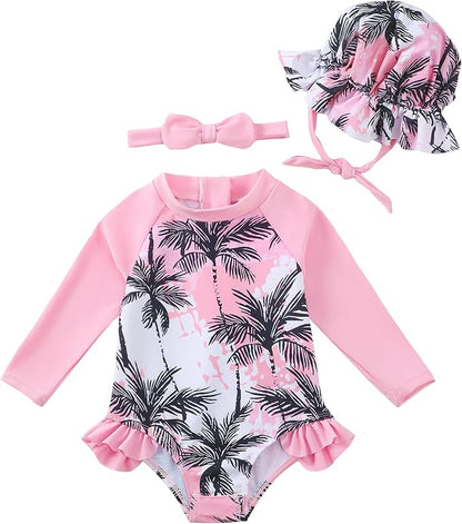 Renotemy Baby Girls Swimsuit Summer Infant Girl Bathing Suit Zipper Long Sleeve One-Piece Rash Guard Swimwear with Hat 3M-3Y