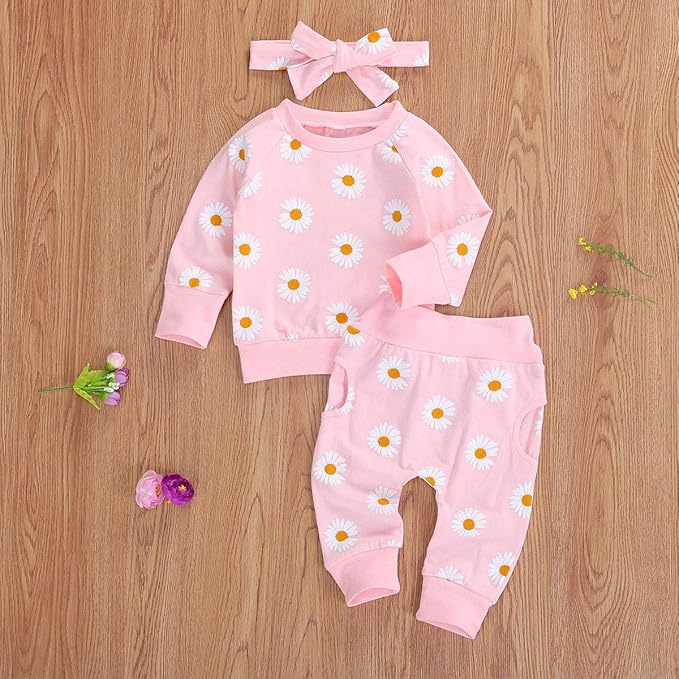 3Pcs Baby Girl Outfits Daisy Sweatshirt + Pants + Headband Infant Fall Winter Clothes