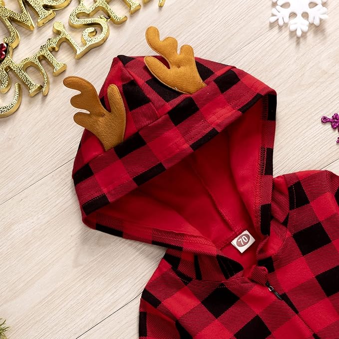 Infant Baby Boys Christmas Hooded Romper Jumpsuit Long Sleeve Elf Reindeer One-Piece Santa Xmas Clothes