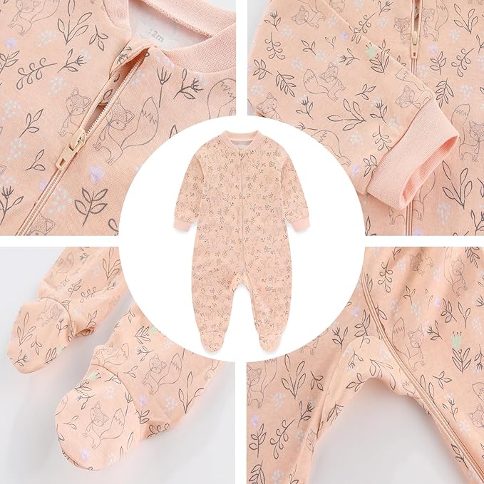Baby Girls Boys Footed One-Piece Romper Cotton Long Sleeve Jumpsuit Zip Front Footie Romper 0-12 Month