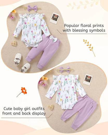 YALLET Baby Girl Clothes Newborn Infant Girl Outfits Floral Romper+Pants+Headband Fall Baby Layettes for Clothing 0-18 Months