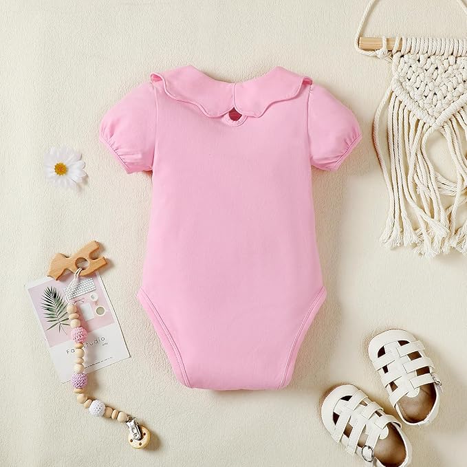 0-24M Infant Girls Ruffle Collar Romper Baby Girl Solid Color Bodysuit Casual Jumpsuit (Pink short, 9-12 Months)