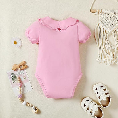 0-24M Infant Girls Ruffle Collar Romper Baby Girl Solid Color Bodysuit Casual Jumpsuit (Pink short, 9-12 Months)