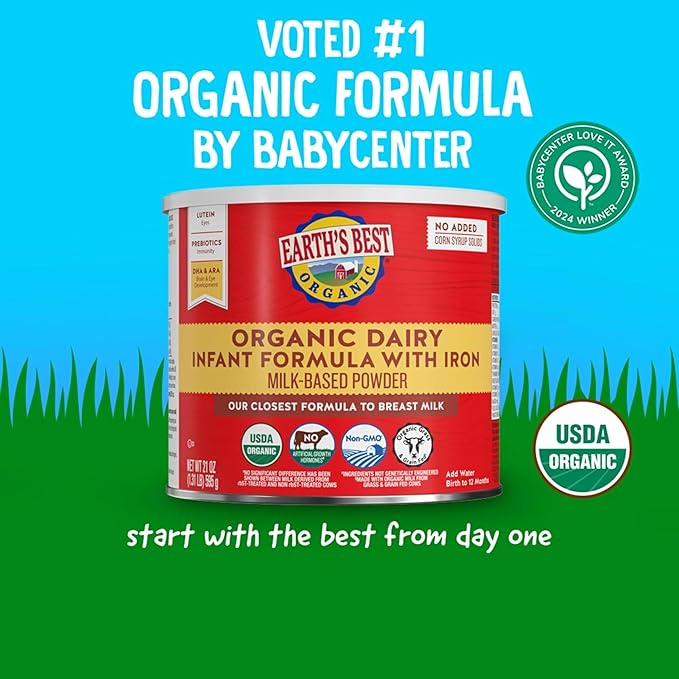 Earth's Best Organic Baby Formula for Babies 0-12 Months, Powdered Dairy Infant Formula with Iron, Omega-3 DHA, and Omega-6 ARA, 21 oz Formula Container