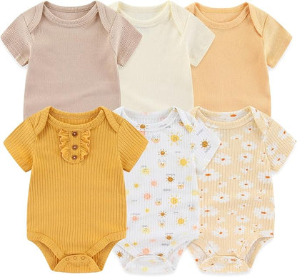 Baby Bodysuit 6 Pack Soft Mixed Ribbed Short Sleeve Romper Infant Boy Girl Clothes Set