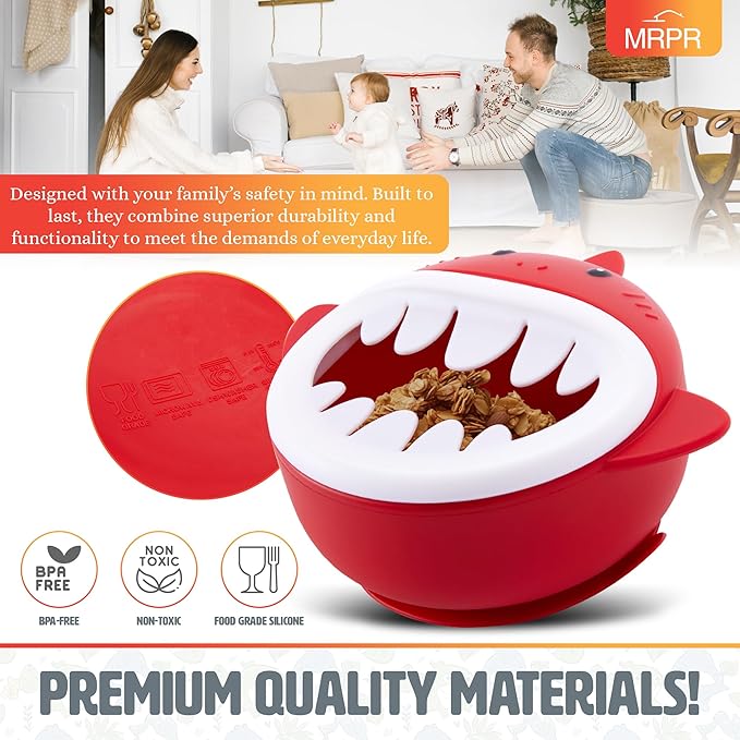MRPR Chompers Silicone Shark Bowl - Baby & Toddler Suction-bowl - BPA-Free, Microwave & Dishwasher safe - Mess-Free Mealtime - Fun & Durable Snack-bowl for Kids - Strong Suction, Travel-Friendly