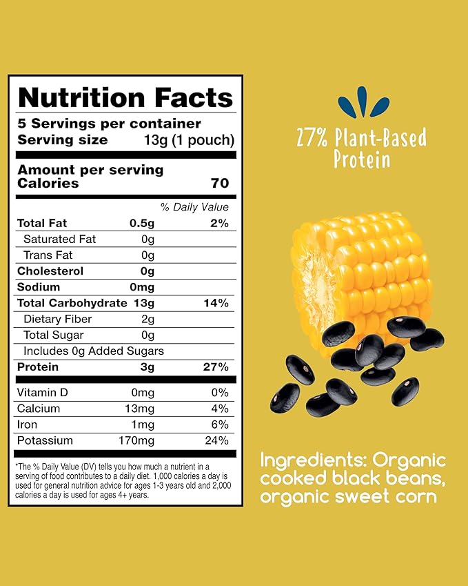 Amara Organic Baby Food - Stage 3 - Black Bean & Sweet Corn - Baby Cereal to Mix With Breastmilk, Water or Baby Formula - Shelf Stable Baby Food Pouches Made from Organic Veggies - 10 Pouches, 3.5oz Per Serving