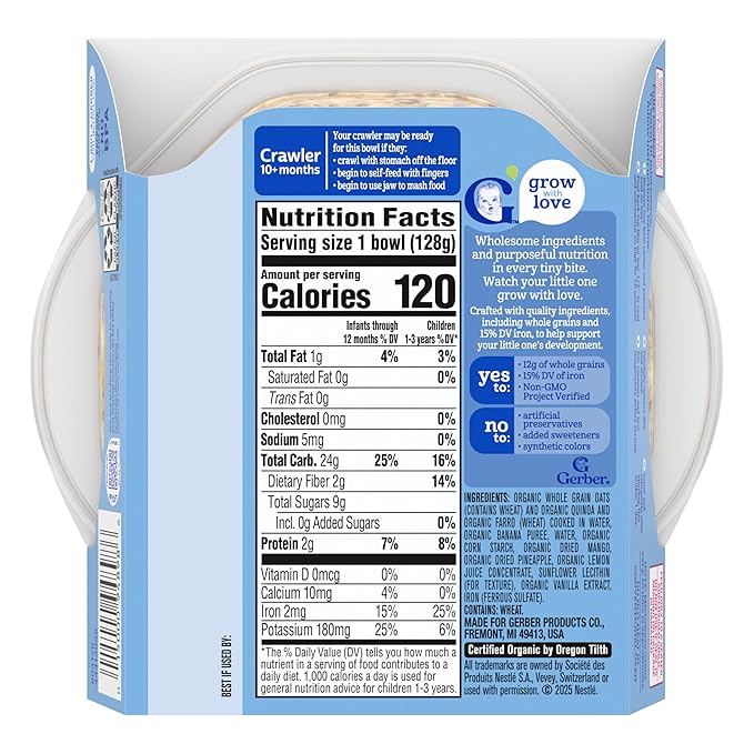 Gerber Stage 3 Baby Food, Organic Morning Bowl, Oats Quinoa & Farro, Baby Oatmeal, 8PK