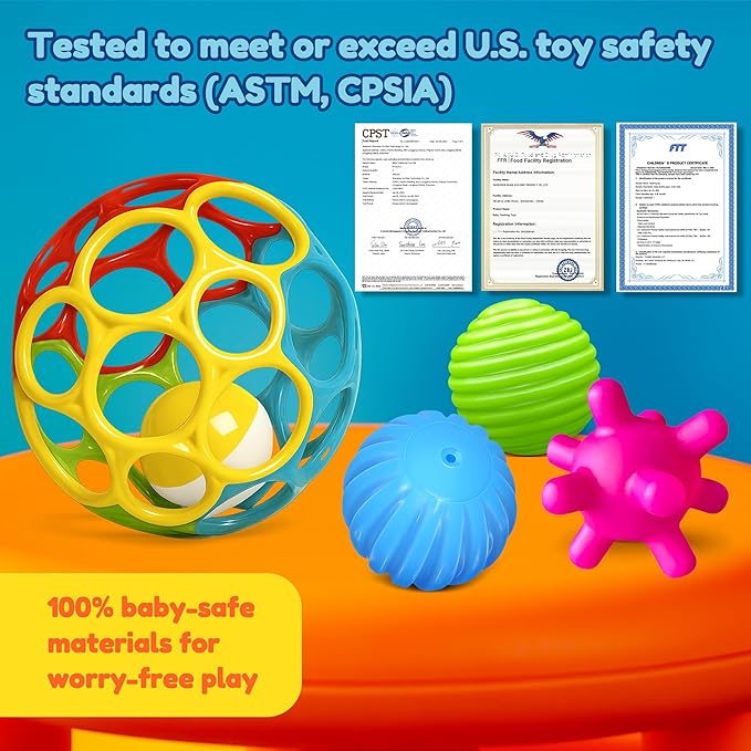 Sensory Balls for Toddlers 1-3, Sensory Baby Toys 6-12 Months, Infant Squeeze Sensory Toys,Baby Rattle Ball, Baby Teething Sensory Montessori Toys Soft Chew Toy with Rattles for Babies