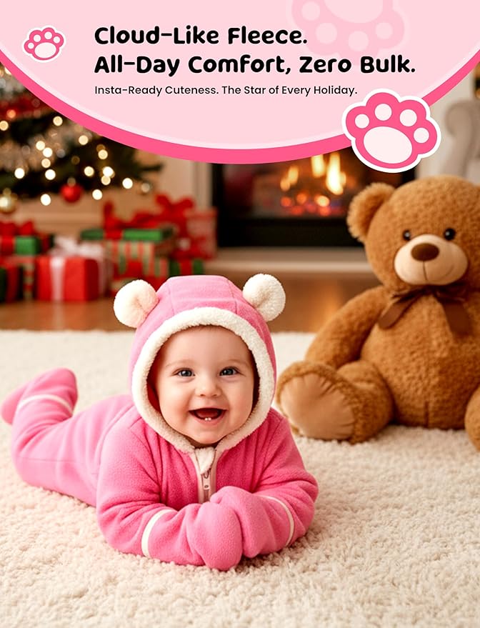 PATPAT Fleece Hooded Footed Clothes, Soft Warm Footie Covers, Car Seat Friendly, Easy Zip,Cute Romper Newborn Infant Jumpsuit