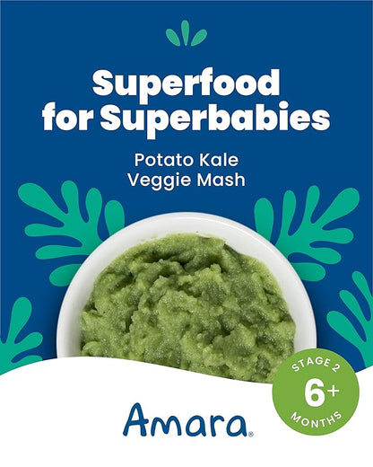 Amara Organic Baby Food - Stage 2 - Kale Potato - Baby Cereal to Mix With Breastmilk, Water or Baby Formula - Shelf Stable Baby Food Pouches Made from Organic Fruit and Veggies - 14 Pouches, 3.5oz Per Serving