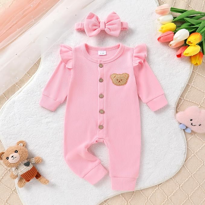 Newborn Baby Girl Cute Bear Ruffle Long Sleeve Jumpsuit Ribbed Bodysuit One-Piece Button Romper with Headband 0-18M