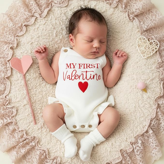 Infant My First Valentines Baby Girl Outfit Newborn Button Heart Embroidery Knit Romper Bubble Bodysuit One Piece