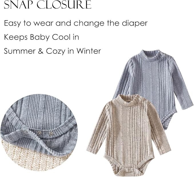 DEFAHN Baby Turtleneck Bodysuit Long Sleeve Boy Girl Ribbed Knit Jumpsuit Outfit 2 Pack Baby Solid Onsies 0-24 Months
