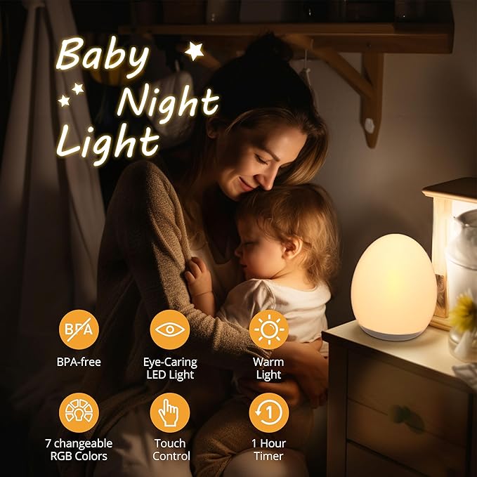 JolyWell Night Light for Kids, Baby Night Light with 7 Colors Changing Mode & Stepless Dimming, Nursery Night Light BPA Free,Rechargeable Egg Night Light for Breastfeeding 1h Timer & Touch Control