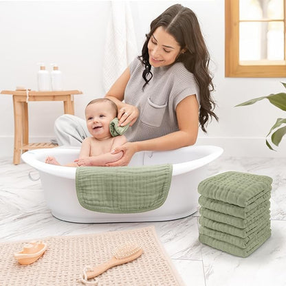 Comfy Cubs Muslin Baby Washcloths 6 Pack - Soft 6-Layer Cotton Wash Cloths for Sensitive Skin - 10"x10" Large, Gentle, Absorbent Infant Essentials for Newborn and Toddlers - Sage