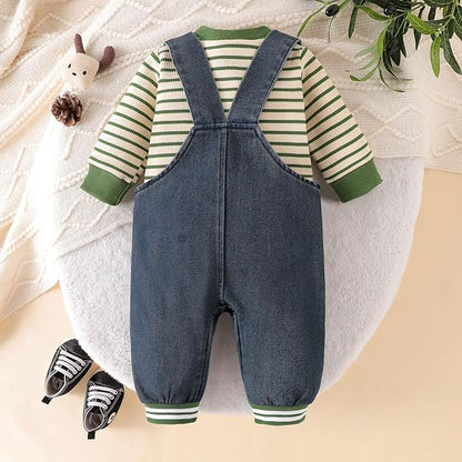 Baby Boy Clothes Fall Winter Outfits Long Sleeve Striped Romper Cute Cartoon Jeans Overalls Pants Set 0-18 Months