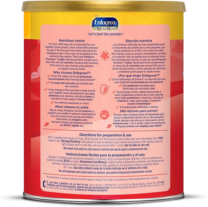 Enfagrow Premium Toddler Nutritional Drink, Made with Real Milk, Brain-Building Omega-3 DHA, Nutrients and Prebiotics for Growth & Immune Support, Non-GMO, Toddler Milk Powder, 32 Oz Can (Pack of 2)