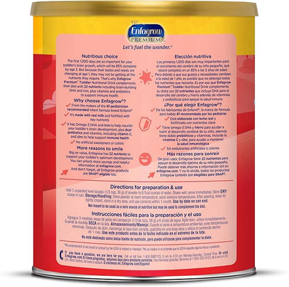 Enfagrow Premium Toddler Nutritional Drink, Made with Real Milk, Brain-Building Omega-3 DHA, Nutrients and Prebiotics for Growth & Immune Support, Non-GMO, Toddler Milk Powder, 32 Oz Can (Pack of 3)