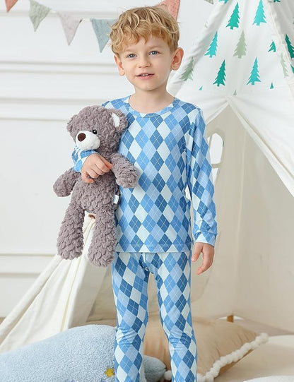 JunNeng Bamboo Viscose Pajamas for Toddler Boys, Baby Kids Diamond Pajamas Snug Fit Long Sleeve Sleeper