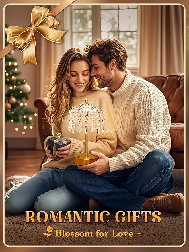 Vintage Lamp, 3 Colors 10 Brightness Crystal Lamp Flower Lamps, 3600mAh Rechargeable Lamps Cordless Lamps Bedroom Kitchen Bathroom, Desk Decor for Women, Valentines Day Gifts Valentines Gifts for Her