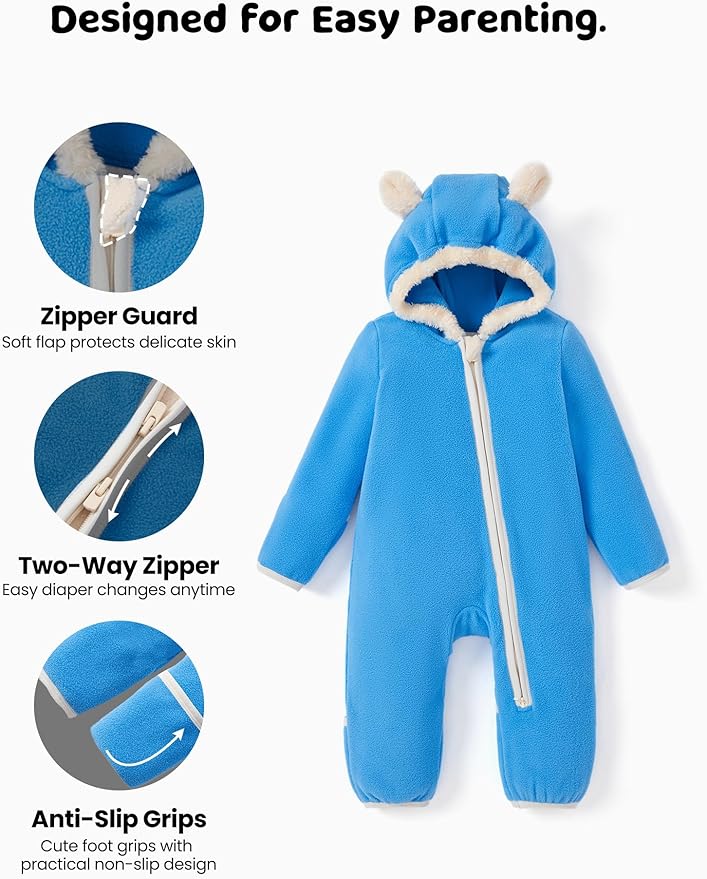 PATPAT Fleece Hooded Footed Clothes, Soft Warm Footie Covers, Car Seat Friendly, Easy Zip,Cute Romper Newborn Infant Jumpsuit