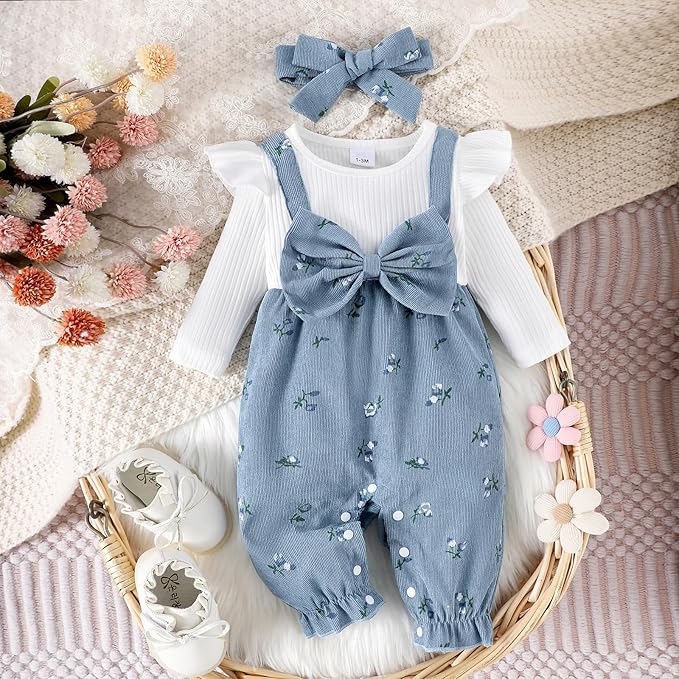 Infant Baby Girl Fall Outfit Romper Cherry Print Fake Two Pieces Patchwork Bow Jumpsuit Newborn Winter Clothes