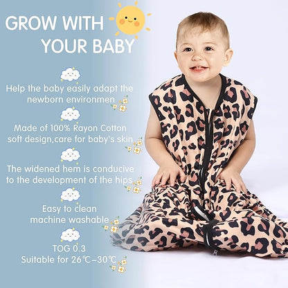 3 Pack Baby Sleep Sack 100% Rayon Cotton Baby Sleeping Bag 2-Way Zipper Toddler Wearable Blankets TOG 0.3. (Leopard&Cobble&Green, 6-12 Months)