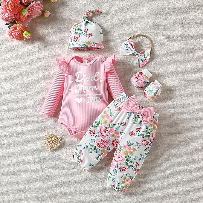 ChuYuKu Baby Girls Newborn Long Sleeve Romper Infant Winter Clothes Floral Pants Outfits with Headband & Mittens 0-6M