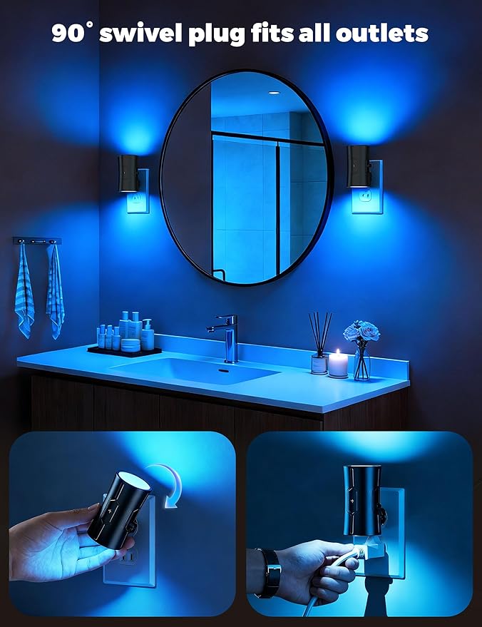 Night Light, 2-Pack Dimmable Plug-in Night Light with Auto On/Off & 90°Rotatable Plug, 0-100LM Adjustable Brightness, 1W Ultra Low Energy for Bedroom, Hallway, Bathroom, Nursery, Kids, Blue
