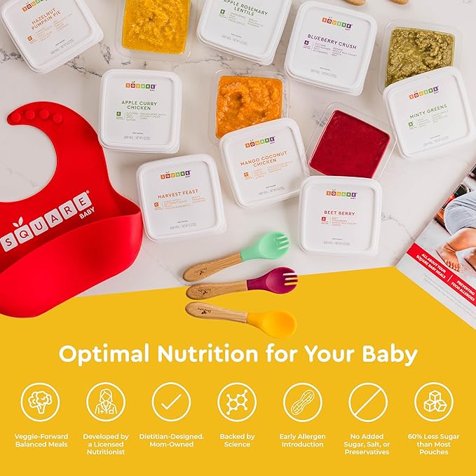 Square Baby Organic Baby Food Purees | Stage 1-3 Variety Pack | Fresh & Dietitian-Designed Veggie-Forward, Balanced Meals | Low Sugar. No Added Sugar | Allergen Intro Options (28 Pack, 4 oz)
