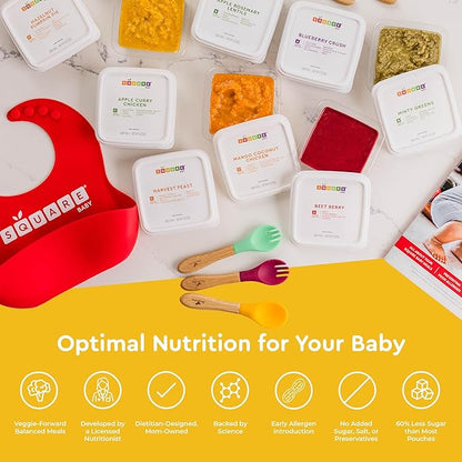 Square Baby Organic Baby Food Purees | Stage 1-3 Variety Pack | Fresh & Dietitian-Designed Veggie-Forward, Balanced Meals | Low Sugar. No Added Sugar | Allergen Intro Options (28 Pack, 4 oz)