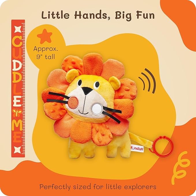 Funstuff Roary The Lion Crinkle Toy for Baby - Sensory Tummy Time Toys - Plush Stuffed Animal with Teething Toy Chew Ring