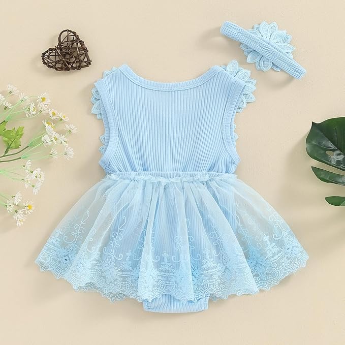 Infant Baby Girl Lace Romper Baby Tulle Dress Romper Flowers Bodysuit Spring Summer Festival Clothes with Headband