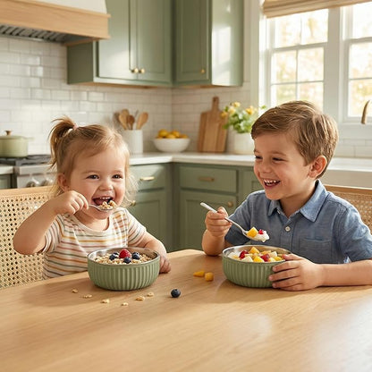 Monkey Proof™ Non-Toxic Stainless Steel Child Bowl 5” with Non-Slip Grooved Silicone Shell, (Set of 4 bowls) Unbreakable, Mess Free Feeding for Babies, Toddlers, Kids, BPA free (Olive Green Grooved)