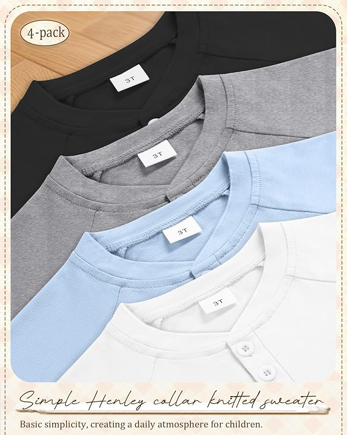 4 Pack Boys' Long Sleeve Shirts Girls' Henley Tees Toddler Baby Knit Casual Tops Kids Fall Clothes Unisex