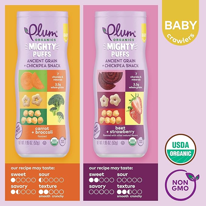 Plum Organics Mighty Puffs Organic Baby Food - Two Flavor Variety Pack - 1.85 oz Canister (Pack of 6) - Ancient Grains and Chickpea Snacks