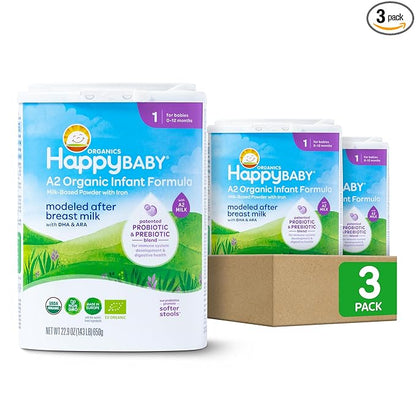 Happy Baby Organics Stage 1 A2 Infant Formula, 0 12 Months, Milk Based Organic Baby Formula Powder with A2 Milk, Probiotics & Prebiotics for Immune & Digestive Support, 22.9 Ounce (Pack of 3)