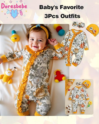 Newborn Baby Girl Clothes Infant Floral Print One-Piece Romper+Jumpsuit+Bodysuit+Hat+Headband