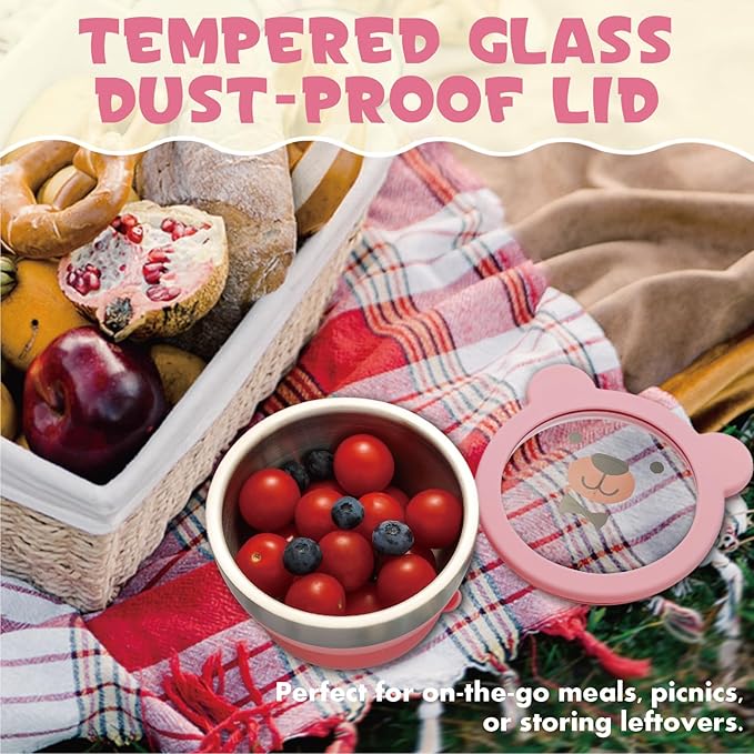 MR. CHOU Baby Suction Bowl Set with Spoon & Fork, Double-Layer 18/8 Stainless Steel Toddler Bowls with BPA Free Airtight Lid, Food Grade Infant Self-Feeding Bowl, First Stage Led Weaning Supplies Pink