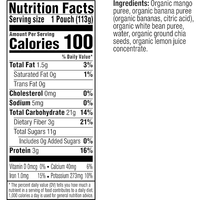 Plum Organics Mighty Builder Organic Toddler Food - Mango, Banana, White Bean, and Chia - 4 oz Pouch (Pack of 12) - Organic Fruit and Vegetable Toddler Food Pouch