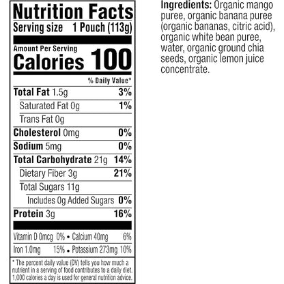 Plum Organics Mighty Builder Organic Toddler Food - Mango, Banana, White Bean, and Chia - 4 oz Pouch (Pack of 12) - Organic Fruit and Vegetable Toddler Food Pouch