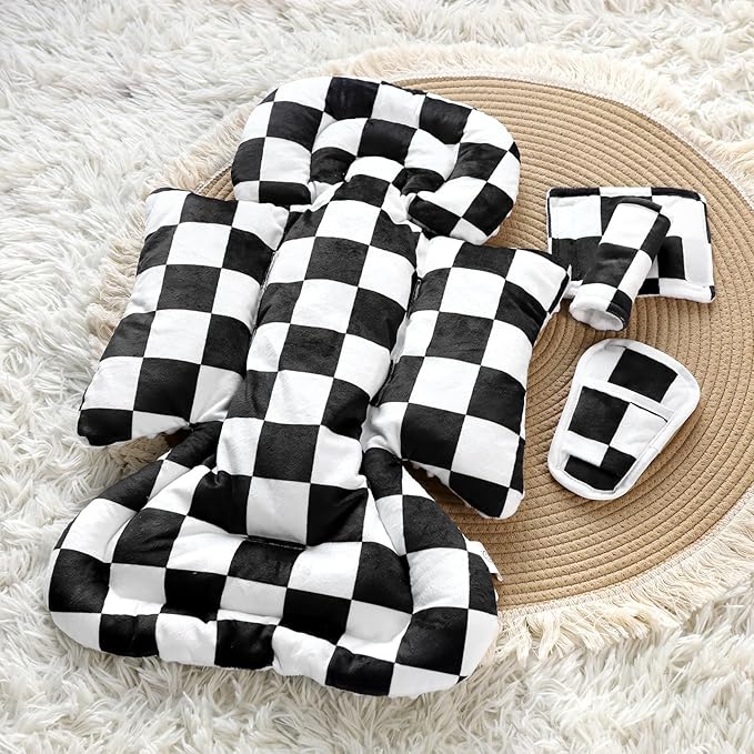 DILIMI Infant Car Seat Insert, Baby Car Seat Head Support with 3 Strap Paddings, Soft Newborn Car Seat Cushion for Stroller, Swing, Bouncers, Black Checkered