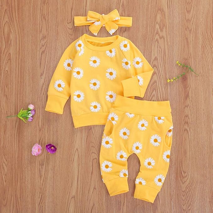 3Pcs Baby Girl Outfits Daisy Sweatshirt + Pants + Headband Infant Fall Winter Clothes