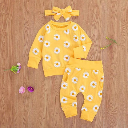 3Pcs Baby Girl Outfits Daisy Sweatshirt + Pants + Headband Infant Fall Winter Clothes